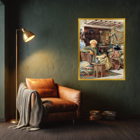 Osmanlı Bilgesi ve Geleneksel Oda Sahnesi Suluboya Sanat Baskısı, El Yazması Kitaplar ve Oryantal Detaylarla Tarihi Duvar Dekoru