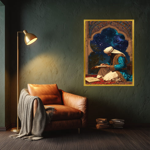 Kur’an-ı Kerim Okuyan Alim Kanvas Tablo – Gece Yıldızlı Gökyüzü Temalı İslami Duvar Dekoru, Dini ve Manevi Sanat Eseri