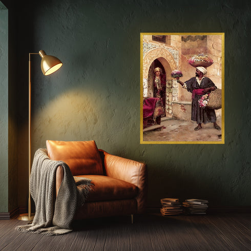 Oryantal Günlük Yaşam Sahnesi Sanat Tablosu Poster, Çiçek Satıcısı ve Osmanlı Mimarisinde Kadın Figürlü Klasik Duvar Sanatı