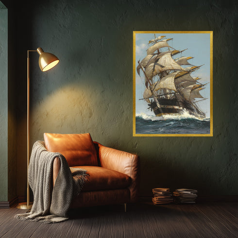 Fırtınalı Denizde Yelkenli Gemi Suluboya Sanat Baskısı, Denizcilik ve Macera Temalı Klasik Tablo Duvar Dekoru