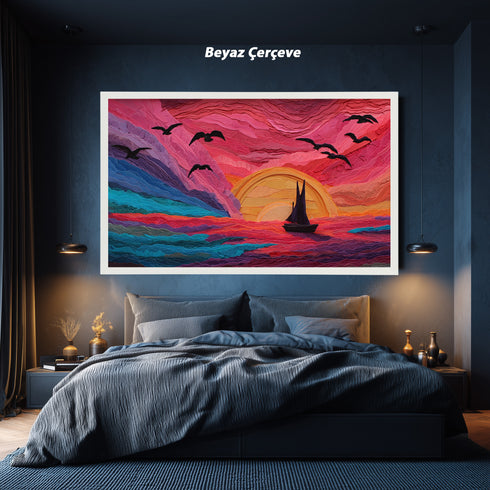 Kızıl Gün Batımı ve Yelkenli Tablosu Soyut Deniz Manzarası Modern Kanvas Duvar Dekoru Salon Ofis Yatak Odası İçin Büyük Boy Sanatsal Tasarım