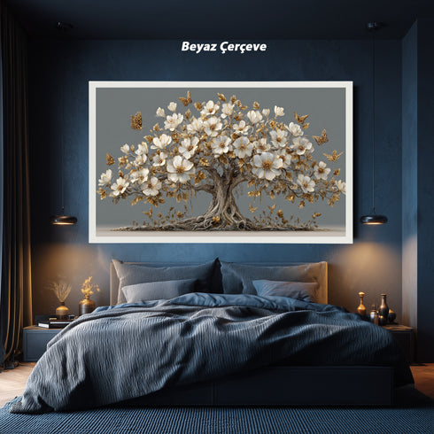 Altın Yapraklı Beyaz Çiçekli Ağaç Tablosu Kelebekli Lüks Kanvas Duvar Dekoru, Modern Dokulu Salon Yatak Odası Tablo