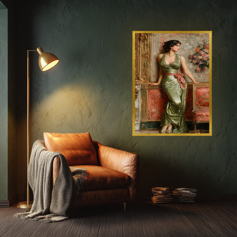 Zarif Kadın Figürü ve Klasik Salon Sanat Baskısı, Yeşil Saten Elbise ile Vintage Asalet, Romantik ve Zamansız Duvar Dekoru