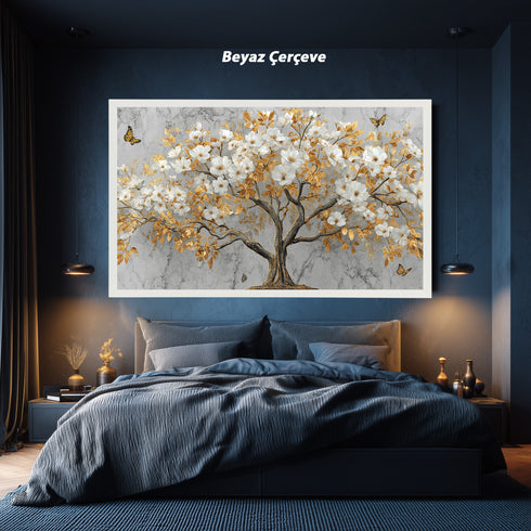 Mermer Zeminli Altın Yapraklı Beyaz Çiçekli Ağaç Tablosu Kelebekli Lüks Modern Kanvas Duvar Dekoru Salon İçin