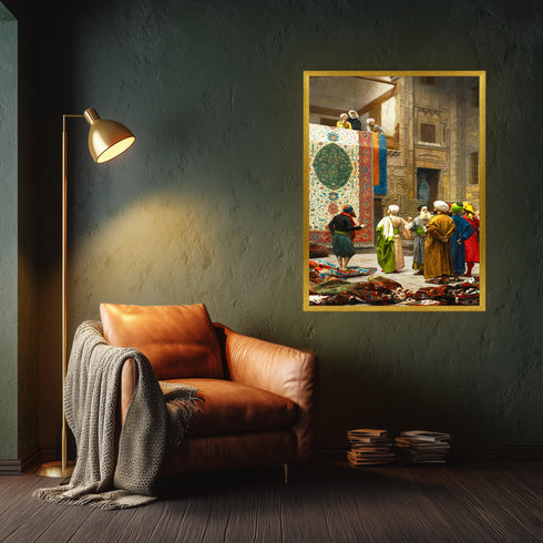 Oryantal Halı Pazarı Sahnesi Sanat Tablosu Poster, Geleneksel Doğu Mimarisi ve Renkli Figürlerle Klasik Tarihi Duvar Sanatı