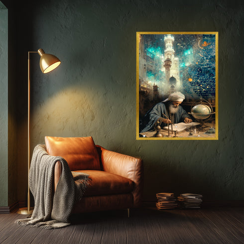 İslam Alimi ve Astronomi Çalışması Kanvas Tablo – Bilim ve İlim Temalı İslami Duvar Dekoru, Dini ve Manevi Sanat Eseri