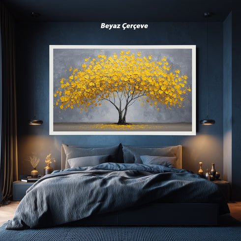 Sarı Yapraklı Minimalist Hayat Ağacı Tablosu Modern Soyut Kanvas Duvar Dekoru Salon Ofis Yatak Odası İçin Büyük Boy Şık Tasarım