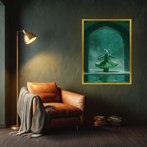 Semazen ve Tasavvuf Temalı İslami Kanvas Tablo – Yeşil Tonlu Manevi Atmosferli Dini Duvar Dekoru, Mevlevi Sanat Eseri