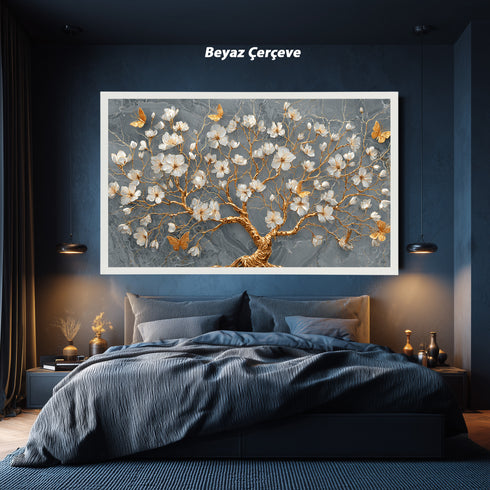 Gri Mermer Zeminli Altın Dallı Beyaz Çiçekli Ağaç Tablosu Kelebekli Lüks Modern Kanvas Duvar Dekoru Salon İçin Şık Tasarım