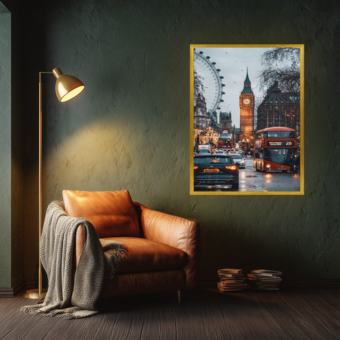 Londra Big Ben ve Kırmızı Otobüs Şehir Manzarası Sanat Baskısı, Yağmurlu Akşam Sokakları ve İkonik Şehir Duvar Dekoru Modern Ofis İçin