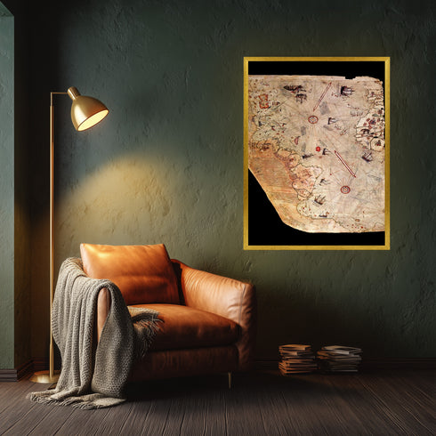 Piri Reis Tarihi Deniz Haritası ve Keşif Roteleri, Antik Kartografya Detaylarıyla Oryantal ve Nostaljik Dünya Haritası Sanat Eseri