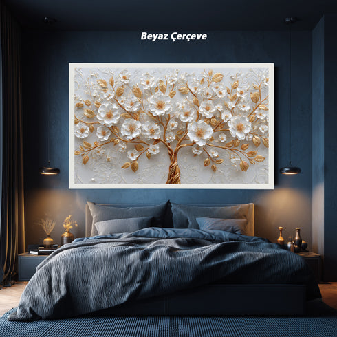 Altın Dallı Beyaz Çiçekli Ağaç Tablosu Lüks Kabartmalı Modern Kanvas Duvar Dekoru, Salon Yatak Odası İçin Büyük Boy Tablo