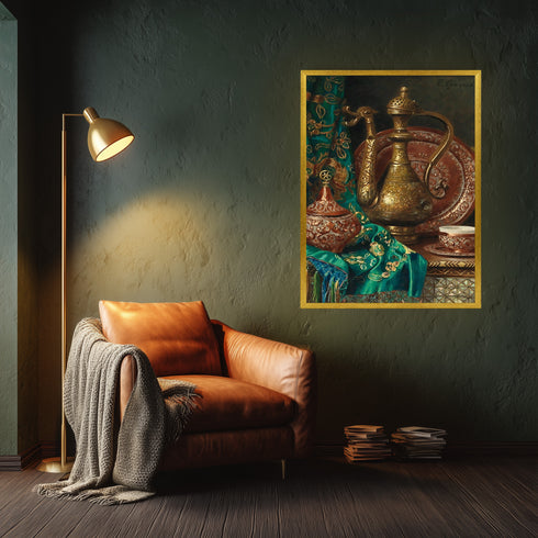 Oryantal Natürmort Sanat Tablosu Poster, Osmanlı İbriği Kahve Fincanı ve İşlemeli Kumaşlı Klasik Doğu Temalı Duvar Sanatı