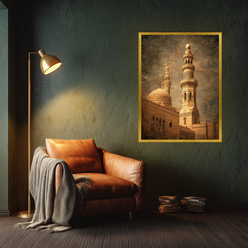 Tarihi Cami Minaresi ve Kubbe Kanvas Tablo – Osmanlı Mimari Temalı İslami Duvar Dekoru, Dini ve Klasik Salon Tablosu