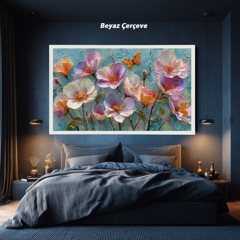 Turkuaz Zeminli Renkli Çiçekler ve Kelebek Tablosu Modern Soyut Kanvas Duvar Dekoru Salon Yatak Odası İçin Canlı Tasarım