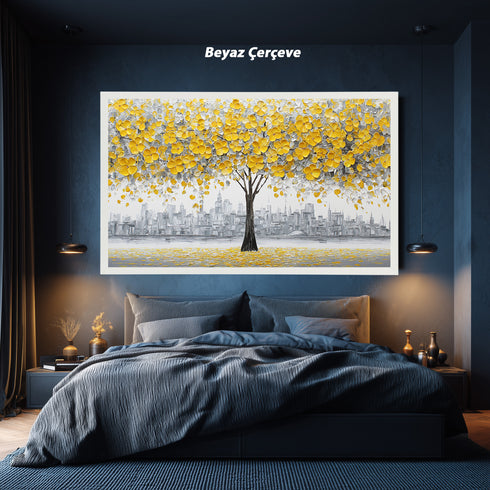 Sarı Çiçekli Ağaç ve Gri Şehir Silüeti Tablosu Modern Soyut Kanvas Duvar Dekoru Salon Ofis İçin Büyük Boy Şık Tasarım