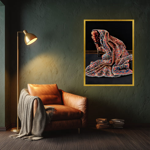 Modern Soyut Natürmort Sanat Tablosu Poster, Desenli Kumaş ve Klasik Koltuk Detaylı Lüks Dekoratif Duvar Sanatı Baskısı