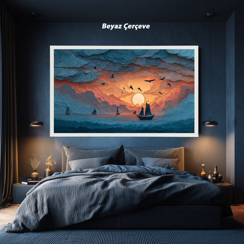 Bulutlar Arasında Gün Batımı ve Yelkenli Tablosu Soyut Deniz Manzarası Modern Kanvas Duvar Dekoru Salon Ofis Yatak Odası İçin Büyük Boy Sanatsal Tasarım