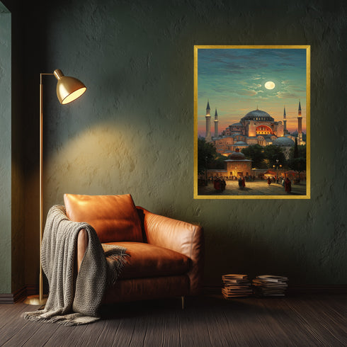 Ayasofya Camii Dolunay Manzaralı Kanvas Tablo – İstanbul Temalı İslami Duvar Dekoru, Dini ve Tarihi Atmosferli Salon Tablosu