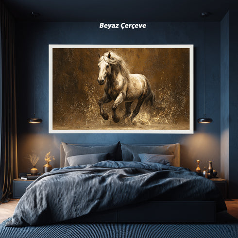 Koşan Beyaz At Tablosu Altın Tonlu Arka Planlı Modern Kanvas Duvar Dekoru, Salon Ofis İçin Büyük Boy At Figürlü Tablo