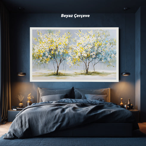 Sarı Beyaz Çiçekli Ağaç Tablosu Modern Soyut Kanvas Duvar Dekoru, Salon Yatak Odası İçin Büyük Boy Manzara Tablo