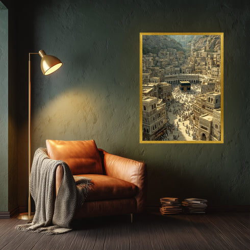 Eski Kabe-i Muazzama ve Mekke Şehir Manzarası Kanvas Tablo – Hac ve Umre Temalı İslami Duvar Dekoru, Dini ve Manevi Salon Tablosu