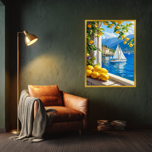 Limon Ağaçları ve Mavi Deniz Manzarası Sanat Baskısı, Akdeniz Sahilinde Yelkenli Tekne ile Yaz Esintili Duvar Dekoru