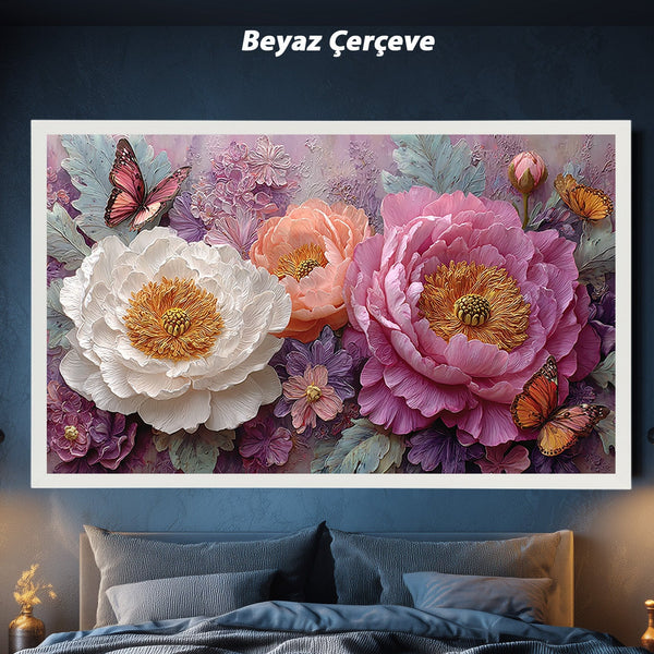 Pembe ve Beyaz Şakayık Çiçekli Kelebekli Tablo Romantik Vintage Kanvas Duvar Dekoru Salon Yatak Odası İçin Zarif Tasarım