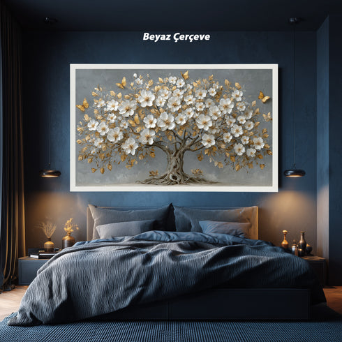 Altın Yapraklı Beyaz Çiçekli Ağaç Tablosu Kelebekli Lüks Kanvas Duvar Dekoru, Modern Dokulu Salon Yatak Odası Tablo