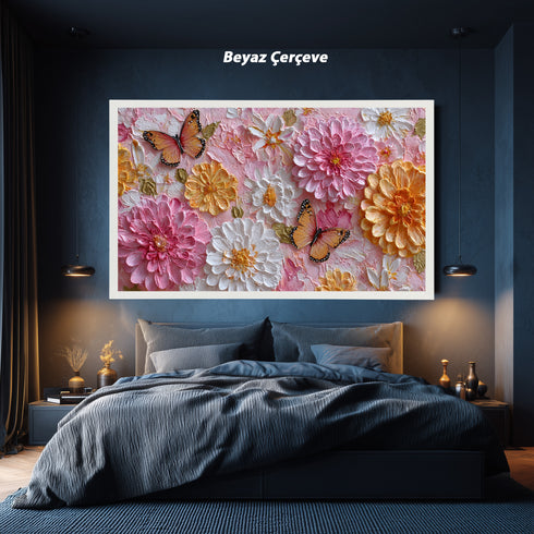 Pembe Zeminli Renkli Çiçekler ve Turuncu Kelebekler Tablosu Romantik Modern Kanvas Duvar Dekoru Salon Yatak Odası İçin Şık Tasarım