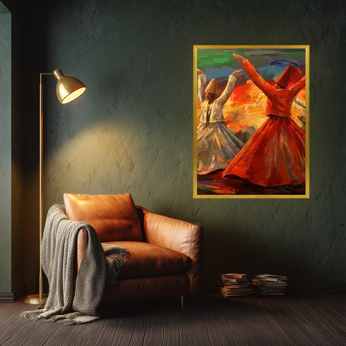 Semazenlerin Sema Dönüşü, Canlı Renklerle Tasvir Edilmiş Tasavvufi Ritüel ve Manevi Derinlik Taşıyan Modern Sanat Tablosu