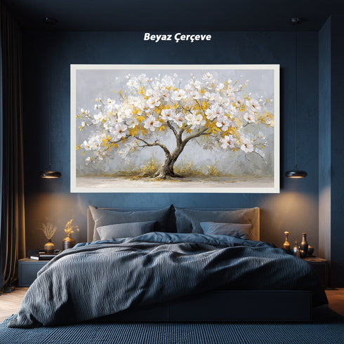 Beyaz Çiçekli ve Altın Yapraklı Ağaç Tablosu Modern Kanvas Duvar Dekoru, Salon Yatak Odası İçin Büyük Boy Şık Tablo