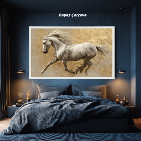Koşan Beyaz At Tablosu Altın Varak Dokulu Arka Planlı Lüks Kanvas Duvar Dekoru, Salon Ofis İçin Büyük Boy At Figürlü Tablo