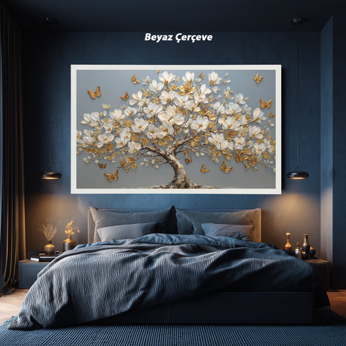 Altın Kelebekli Beyaz Manolya Ağacı Tablosu Lüks Modern Kanvas Duvar Dekoru Salon Yatak Odası ve Oturma Odası İçin Şık Tasarım