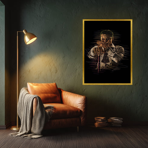Patrick Bateman American Psycho Scribble Art Kanvas Tablo | Kült Film Karakteri Siyah Zemin Duvar Sanatı | Modern Sinema ve Ofis Dekoru