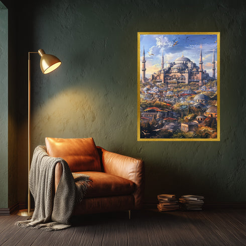 Ayasofya ve Tarihi İstanbul Silüeti Sanat Baskısı, Kubbe ve Minarelerle Osmanlı Mimarisi, Masalsı Şehir Manzarası Duvar Dekoru