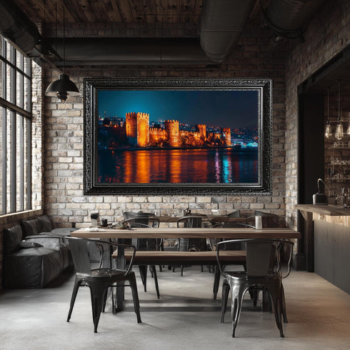 Rumeli Fortress Night Canvas Wall Art, Illuminated Istanbul Castle Print, Bosphorus Evening Landscape Decor for Elegant Interiors