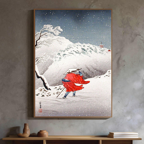 Japanese Woodblock Canvas Art, Winter Snow Landscape, Ukiyo-e Print, Red Kimono Traveler, Traditional Asian Decor, Shin Hanga Style