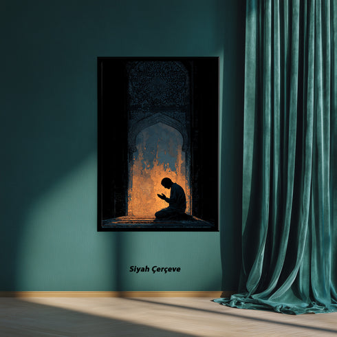 Mihrab Önünde Dua Eden Müslüman Silüeti Kanvas Tablo – Işık ve Gölge Temalı İslami Duvar Dekoru, Manevi ve Dini Salon Tablosu