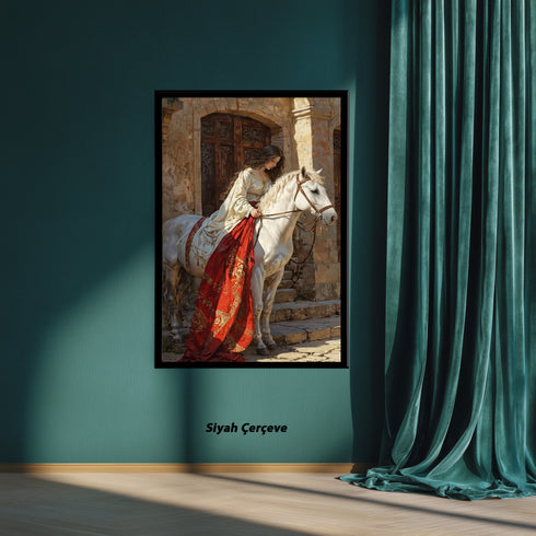 Tarihi Taş Mekânda Beyaz At Üzerinde Zarif Kadın, Orta Çağ Esintili Romantik Sahne, Klasik ve Epik Sanat Tarzında Duvar Dekoru