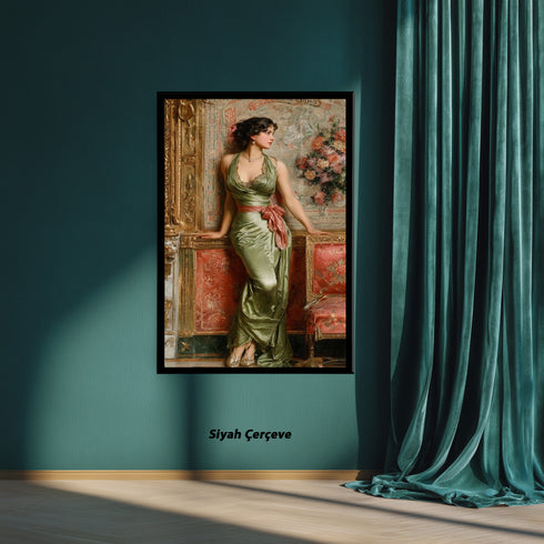 Zarif Kadın Figürü ve Klasik Salon Sanat Baskısı, Yeşil Saten Elbise ile Vintage Asalet, Romantik ve Zamansız Duvar Dekoru