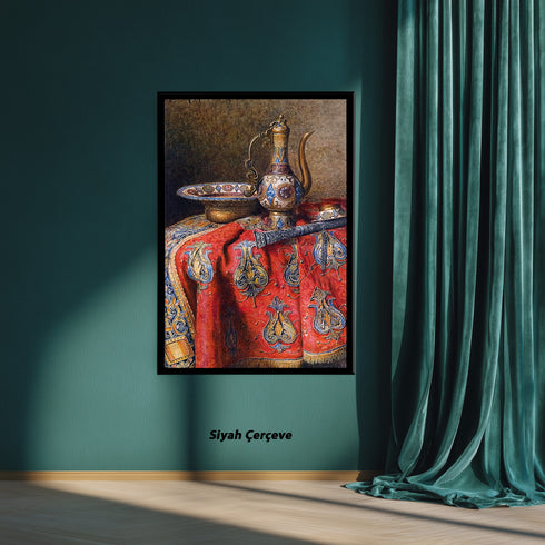 Eskitilmiş Çerçeveli Oryantal Natürmort Sanat Tablosu Poster, Osmanlı İbriği ve İşlemeli Kumaş Detaylı Klasik Duvar Sanatı