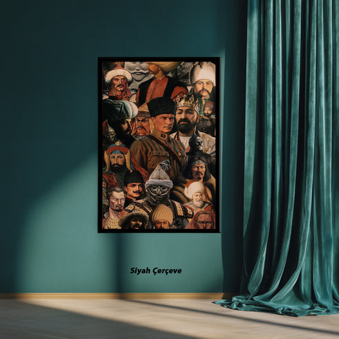 Türk ve Orta Asya Tarihi Liderler Kolaj Sanat Tablosu Poster, Alp Er Tunga’dan Osmanlı’ya Uzanan Epik Figürlü Duvar Sanatı