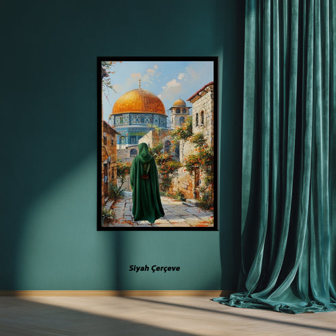 Kubbetüs Sahra ve Mescid-i Aksa Manzaralı Kanvas Tablo – Kudüs Temalı İslami Duvar Dekoru, Dini ve Manevi Atmosferli Salon Tablosu