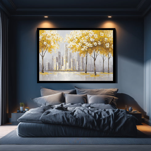 Sarı Yapraklı Ağaç ve Şehir Manzarası Tablosu Modern Soyut Kanvas Duvar Dekoru, Salon Ofis İçin Büyük Boy Tablo