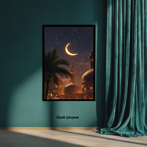 Hilal ve Yıldızlı Gece Camii Manzarası Kanvas Tablo – Ramazan Temalı İslami Duvar Dekoru, Dini ve Manevi Salon Tablosu