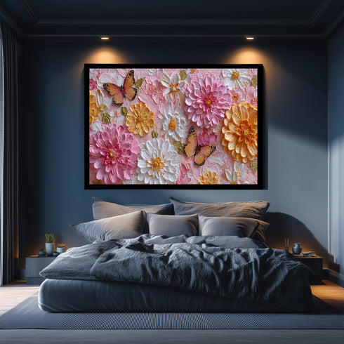 Pembe Zeminli Renkli Çiçekler ve Turuncu Kelebekler Tablosu Romantik Modern Kanvas Duvar Dekoru Salon Yatak Odası İçin Şık Tasarım