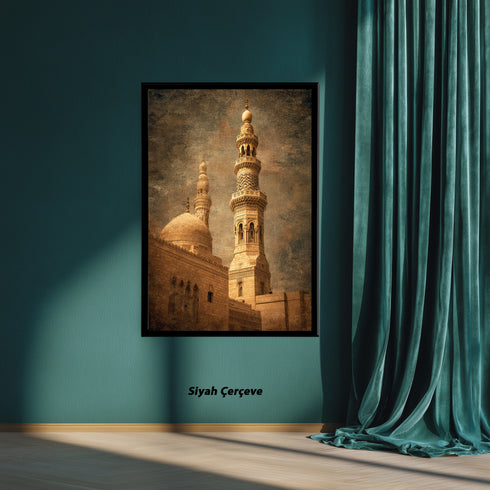 Tarihi Cami Minaresi ve Kubbe Kanvas Tablo – Osmanlı Mimari Temalı İslami Duvar Dekoru, Dini ve Klasik Salon Tablosu