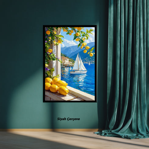 Limon Ağaçları ve Mavi Deniz Manzarası Sanat Baskısı, Akdeniz Sahilinde Yelkenli Tekne ile Yaz Esintili Duvar Dekoru