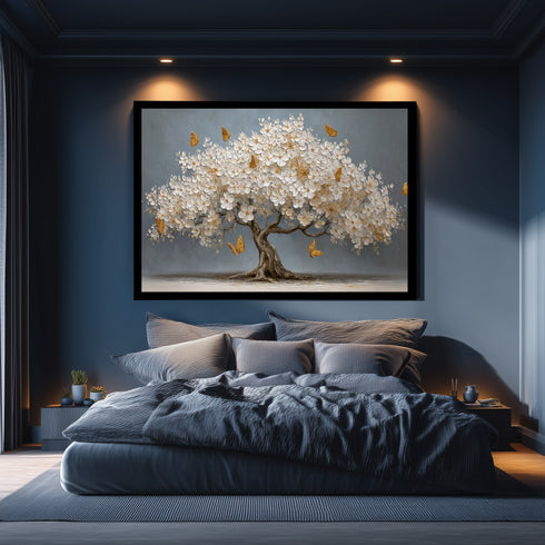 Beyaz Çiçekli Ağaç ve Altın Kelebekler Kanvas Tablo, Modern Çiçekli Duvar Dekoru, Salon ve Ofis için Şık Dekoratif Baskı Ev Hediyesi
